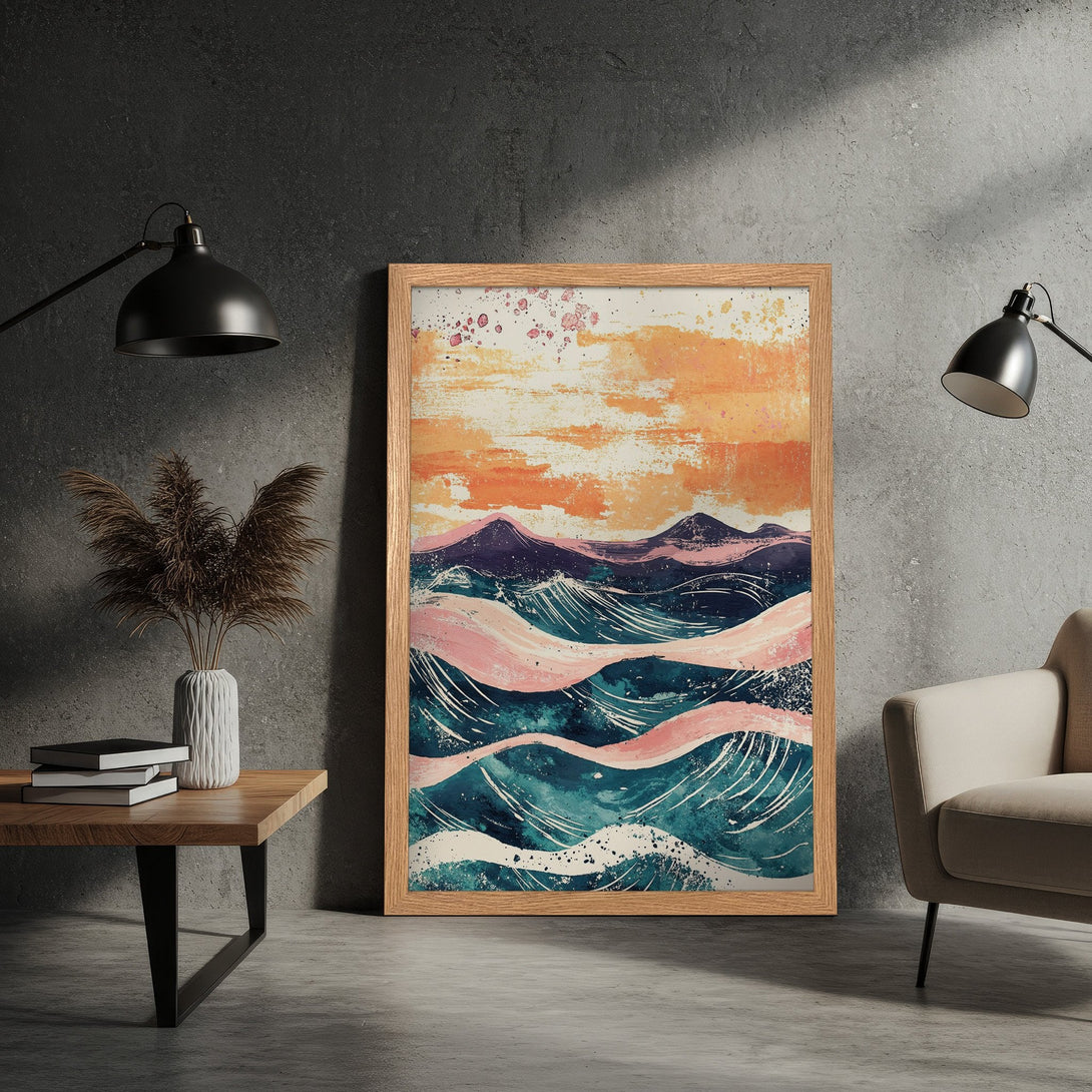 Framed Poster featuring an abstract landscape with a watercolor style and a warm color palette of orange, pink, and teal. Perfect wall art!