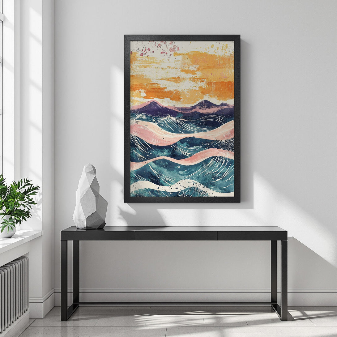 Framed Poster of abstract landscape art in a watercolor style with a warm color palette. Perfect wall decor!