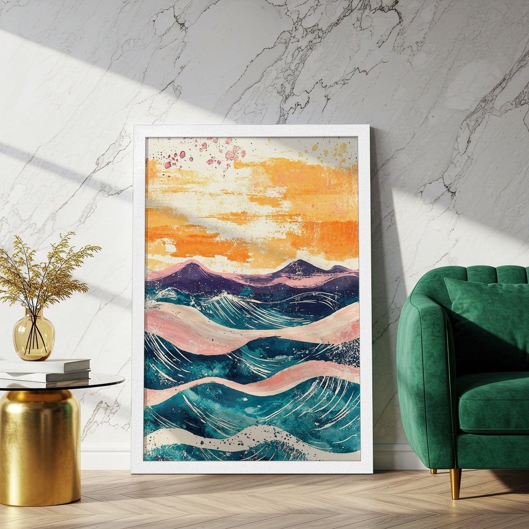 Framed Poster featuring abstract landscape art in watercolor style with orange, pink, and teal hues. Perfect wall decor!