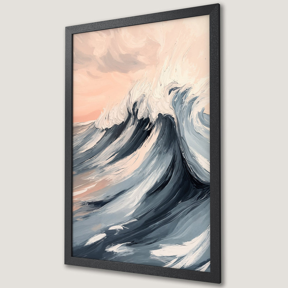 Framed Poster of a dramatic ocean wave painting in a modern, brushstroke style. Features a calming blue, gray, and peach color palette.