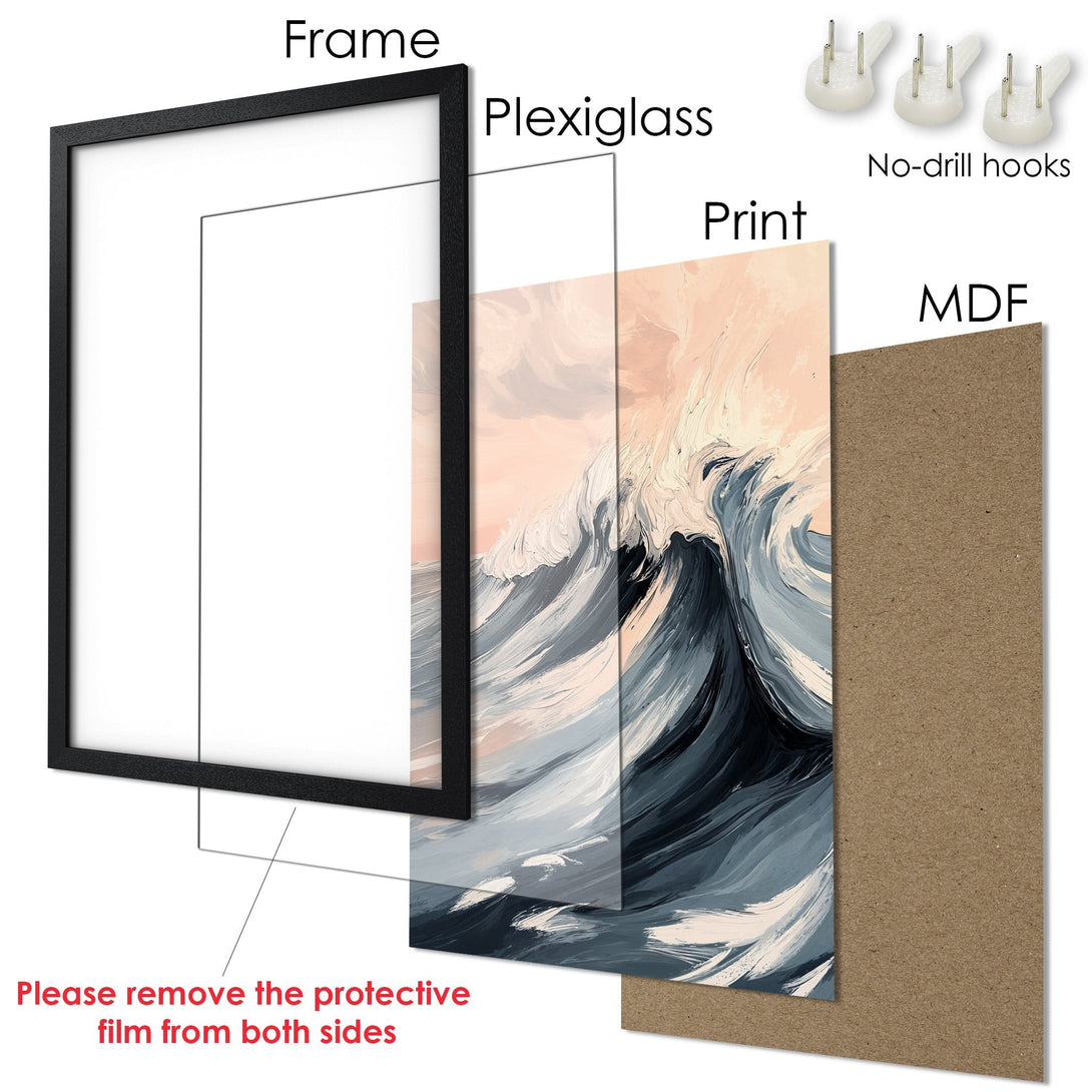 Framed Poster of abstract ocean waves, featuring a calming blue and peach color palette. Perfect wall art!
