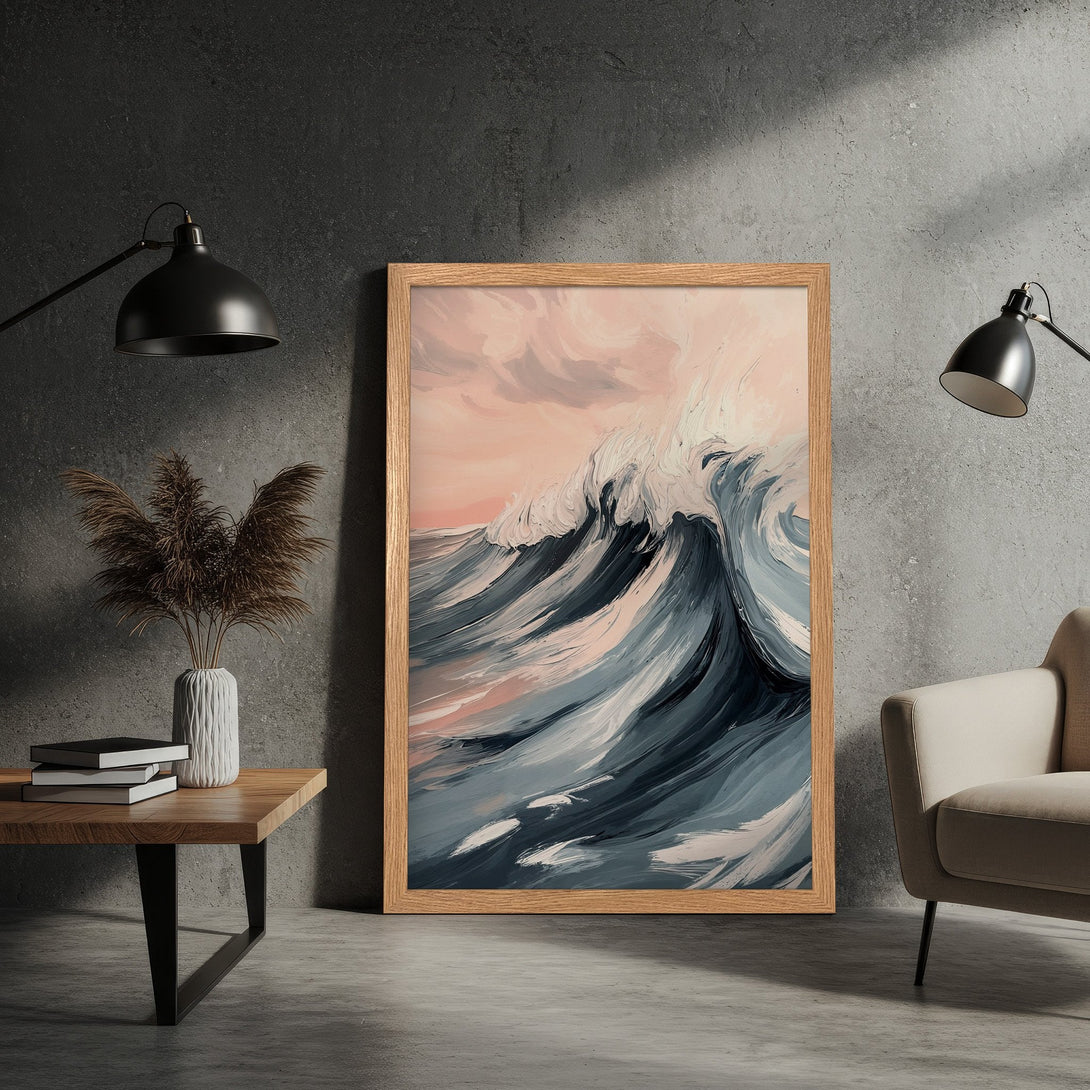 Framed Poster of a wave painting in a modern style with a blue, white, and pink color palette. Perfect wall art for any room!
