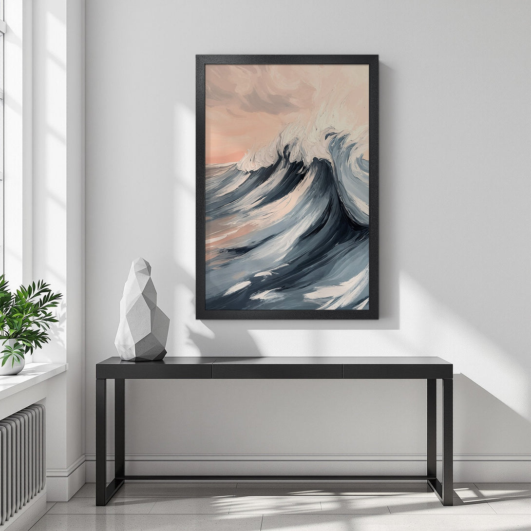 Framed Poster featuring an abstract wave painting in blue, gray, and blush tones. Add coastal vibes to your space!