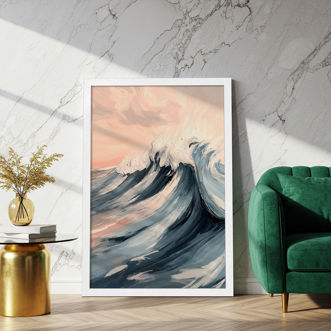 Framed Poster featuring an abstract wave design in blue, white, and peach tones. Perfect wall art for a modern home.