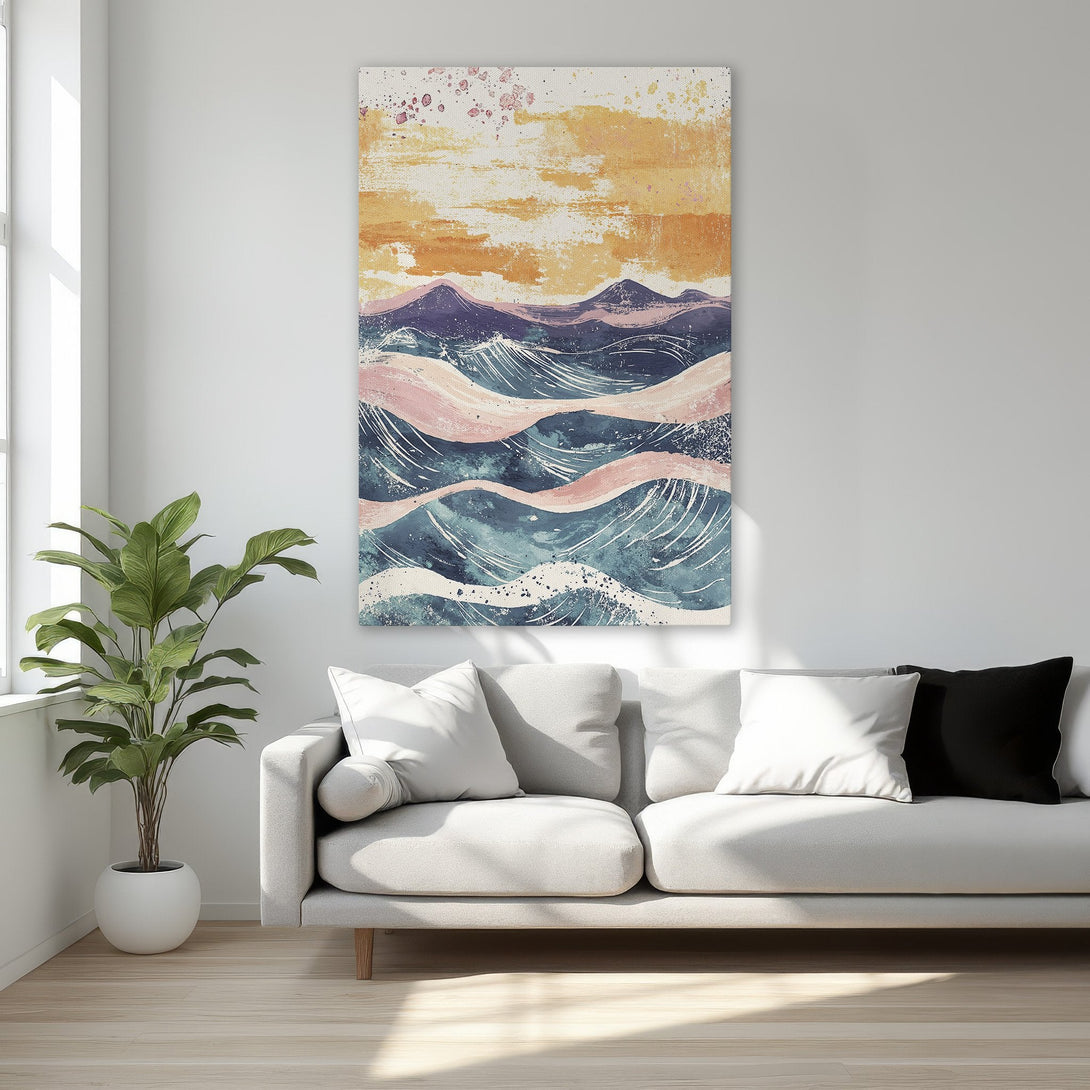 Framed Wall Art: Abstract wave art Canvas Print in a bedroom. Features a warm color palette of gold, blue, and pink. Perfect for modern home decor.