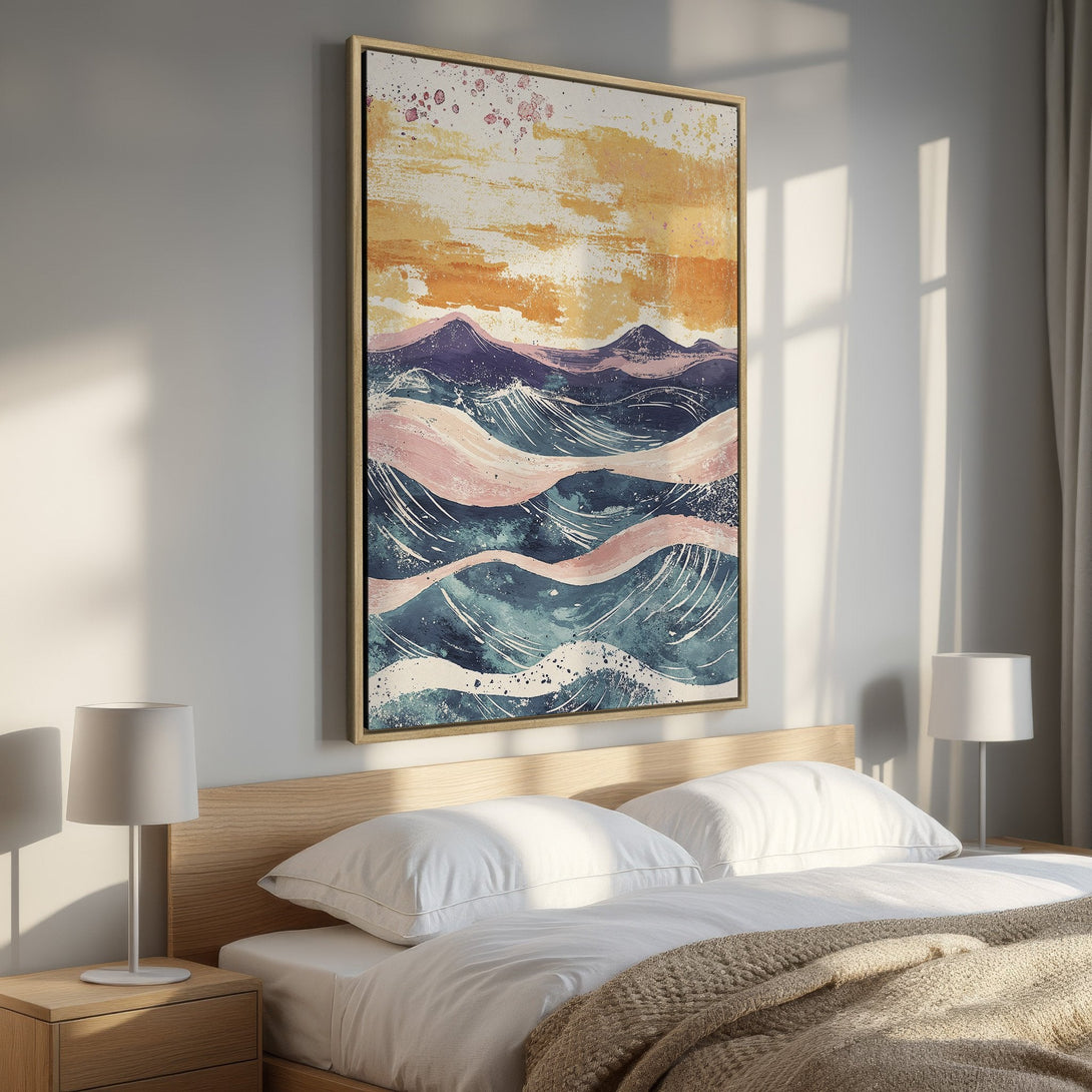 Framed Wall Art: Abstract landscape Canvas Print in a bedroom. Features a watercolor style with blue, pink, and gold tones. Perfect for adding a touch of art to your space!