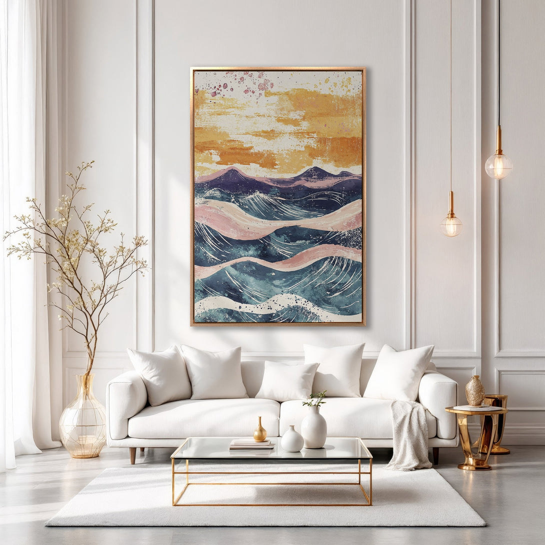 Framed Wall Art: Abstract landscape in warm tones of yellow, pink, and blue. Modern art print adds a touch of elegance to any living room.