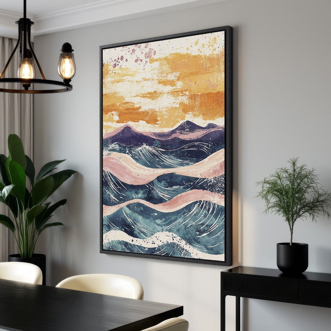 Framed Wall Art featuring abstract landscape art in watercolor style. Earthy color palette with blues, pinks, and oranges. Perfect for modern home decor.