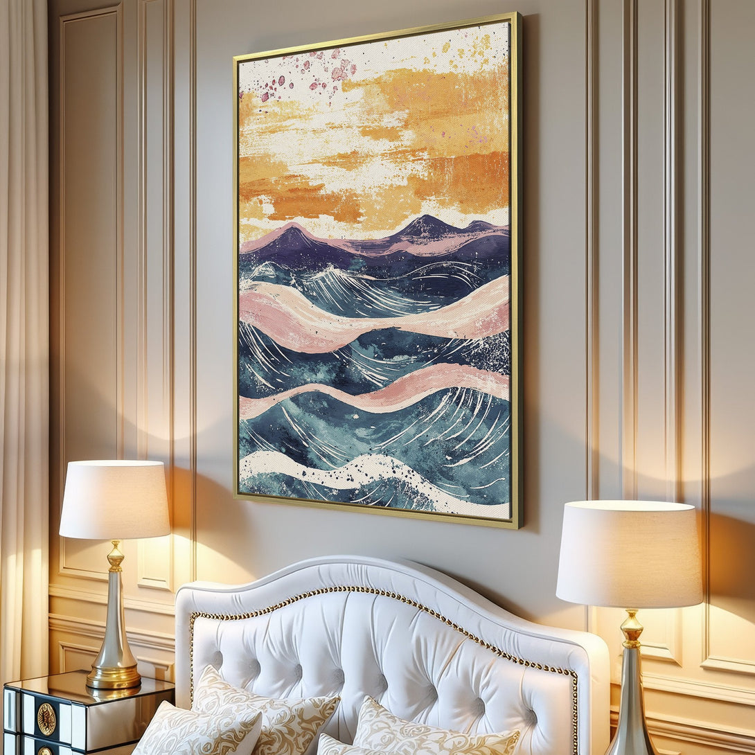 Abstract Canvas Print featuring a landscape with mountains and waves in a calming blue, pink, and orange color palette. Perfect wall art!