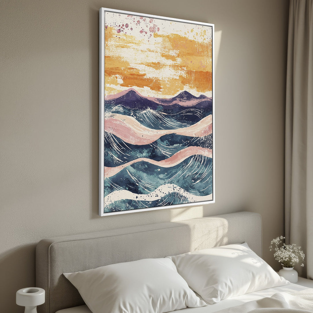 Framed Wall Art: Abstract landscape Canvas Print in warm tones. Features a modern, watercolor style with orange, blue, and pink hues. Perfect for bedroom decor.