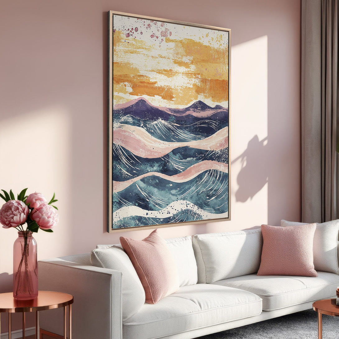 Framed Wall Art featuring an abstract watercolor landscape in blue, pink, and yellow tones. Adds a touch of elegance to any interior.