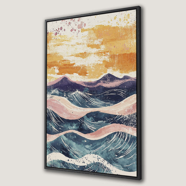 Framed Wall Art: Abstract landscape Canvas Print with mountains and waves in blue, pink, and orange hues. Perfect for modern home decor.