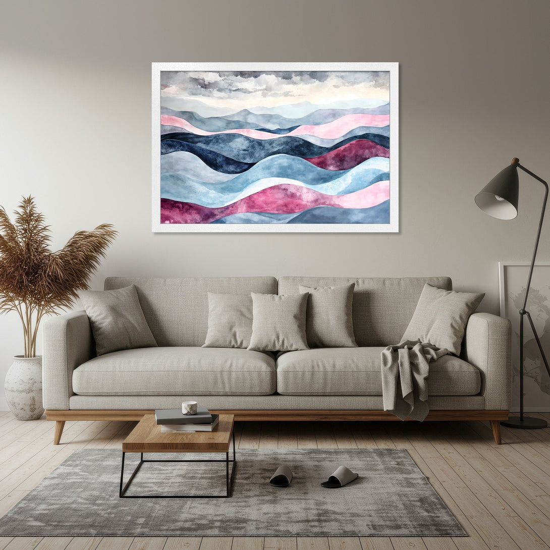 Framed Poster featuring abstract watercolor landscape art in blue, pink, and gray tones. Modern wall decor.