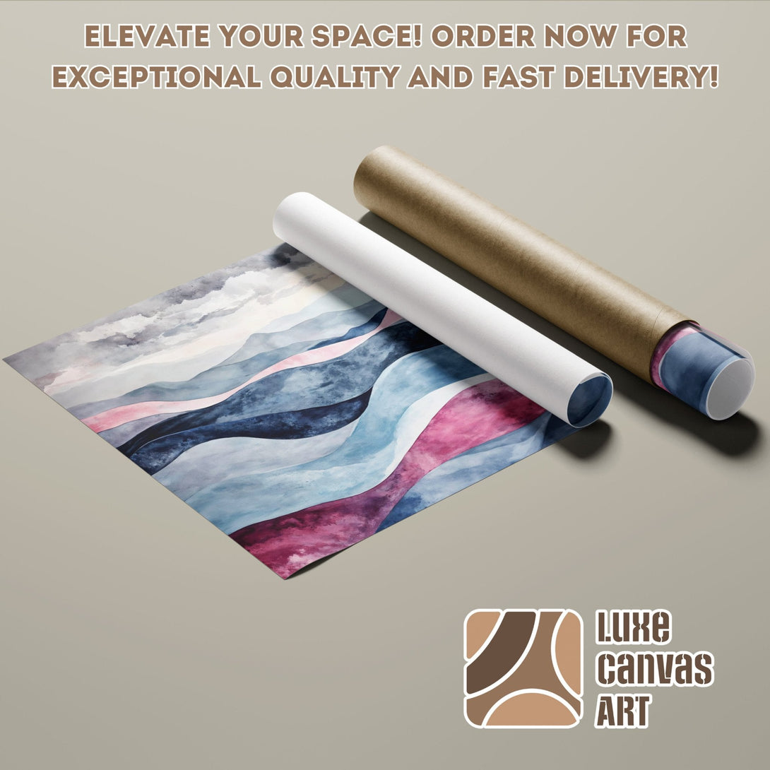Abstract landscape Poster Roll art in blue, pink, and gray. Elevate your space!