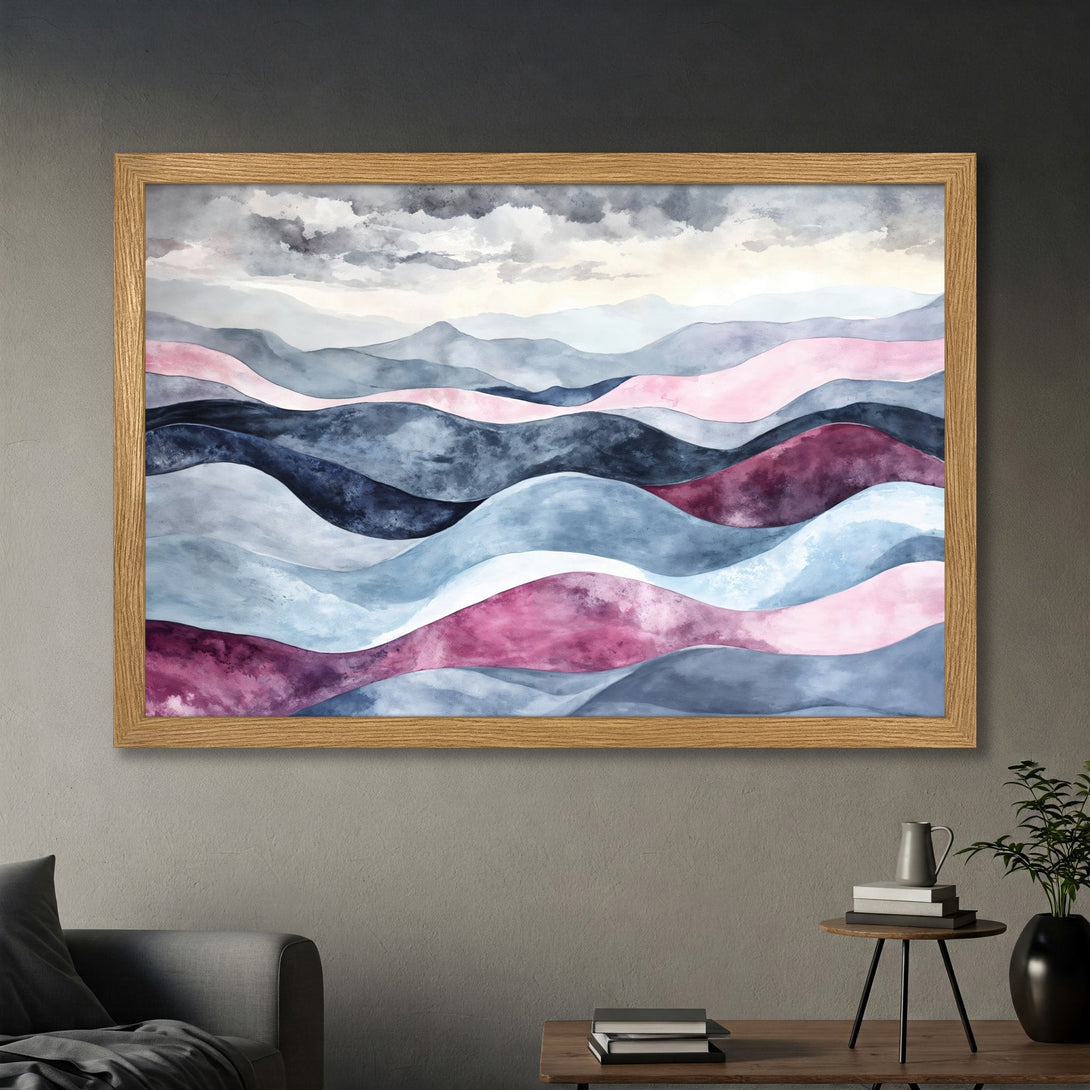 Framed Poster featuring an abstract watercolor landscape in blues, pinks, and grays. Modern art for your home!