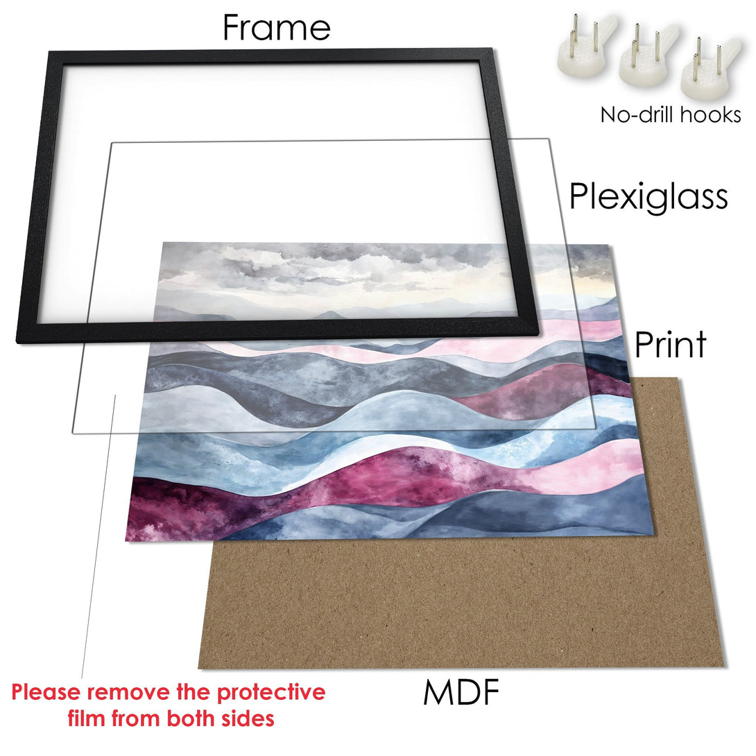 Framed Poster featuring watercolor landscape art in blue, pink, and gray hues. Enhance your space with this beautiful wall art!