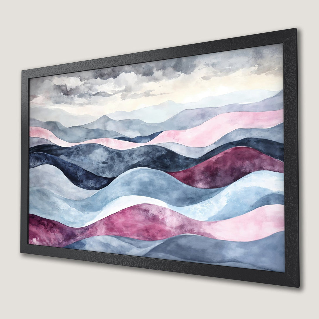 Framed Poster featuring abstract watercolor mountains in blue, pink, and gray tones. Perfect wall art for any space.