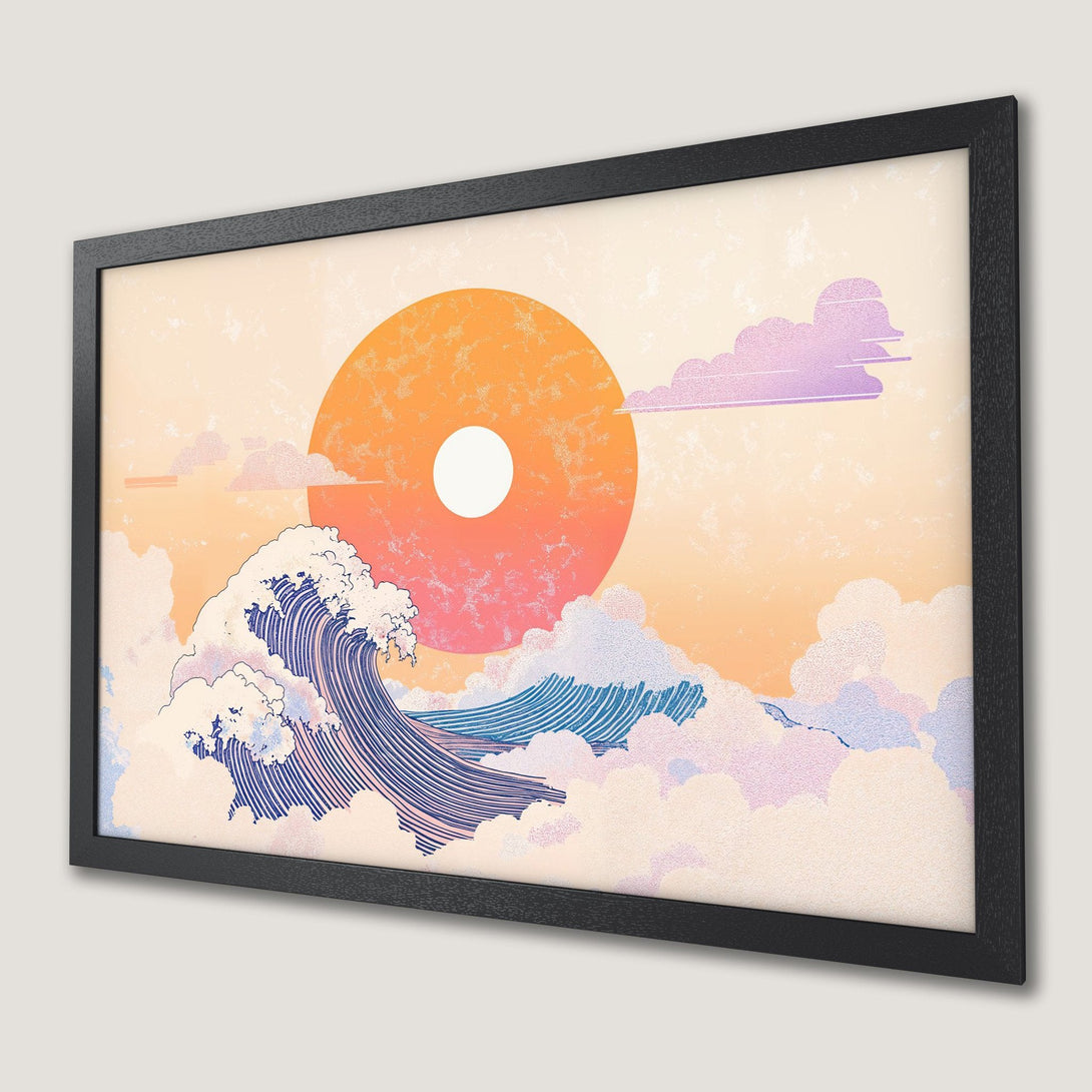 Framed Poster featuring a stylized wave and sun in a Japanese art style with a warm color palette. Perfect wall decor!