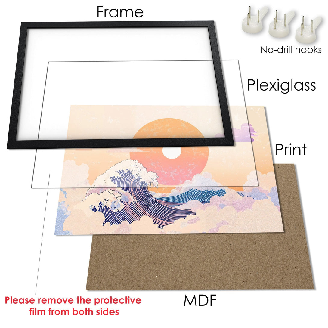 Framed Poster featuring a serene wave design in a soft, pastel color palette. Perfect wall art to elevate your space!