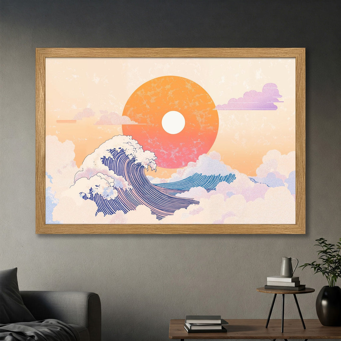 Framed Poster featuring a stylized wave and sun with a warm color palette. Perfect wall art for a calming aesthetic.