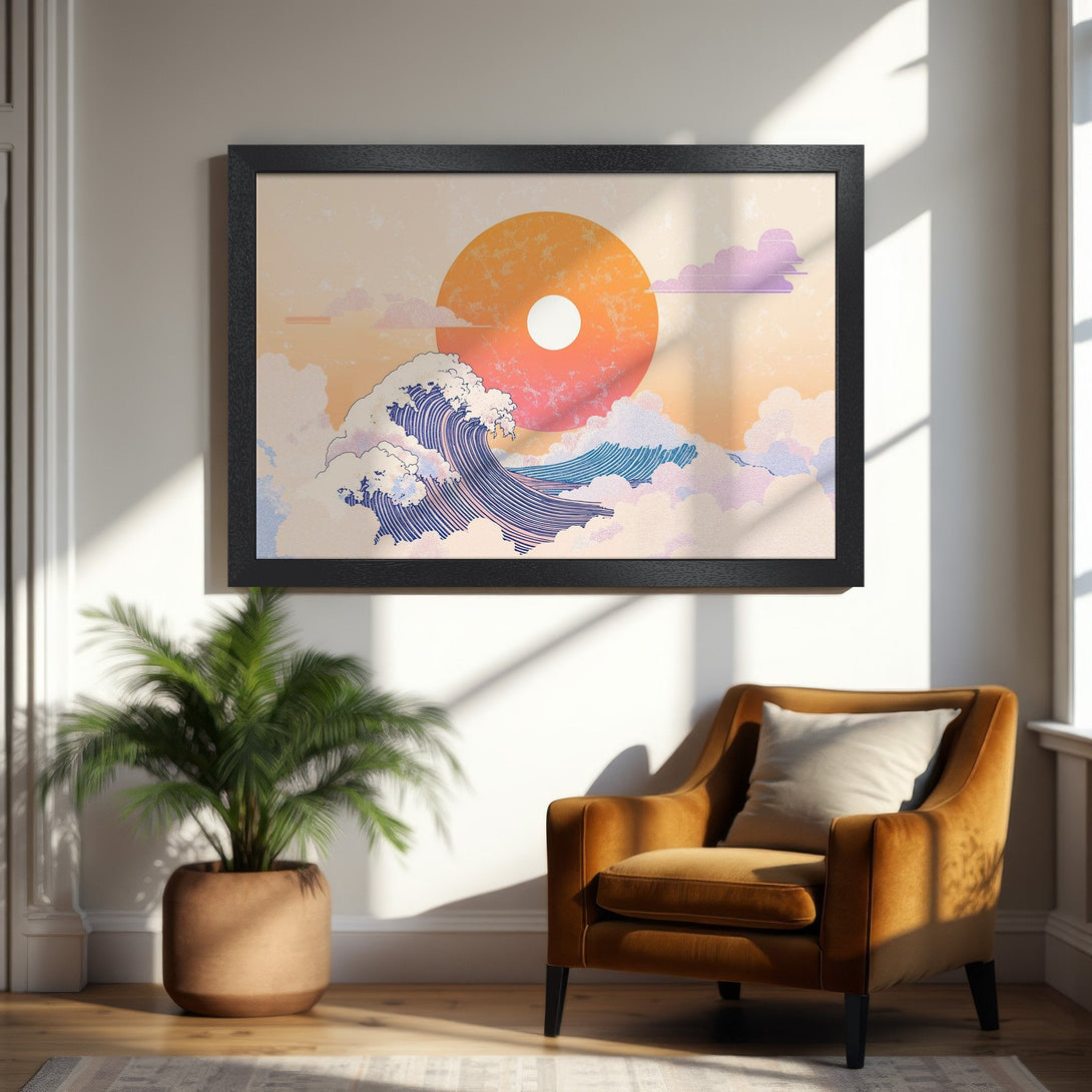 Framed Poster: Japanese wave art in warm orange & blue tones. Perfect wall decor for a serene, stylish space. Shop now!