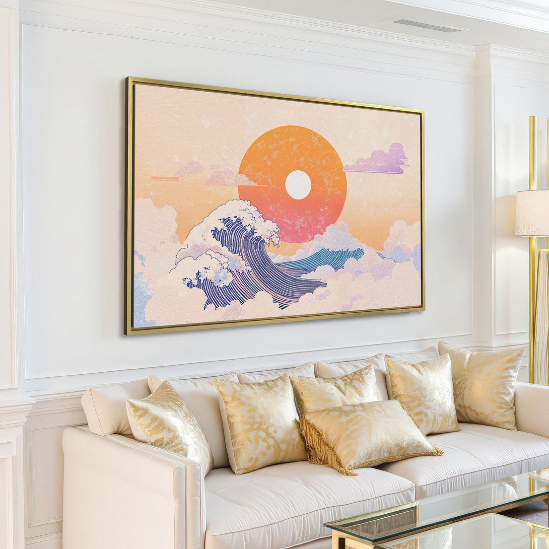 Canvas Print of a Japanese wave art piece in a modern living room. Features a warm, pastel color palette. Perfect wall decor!