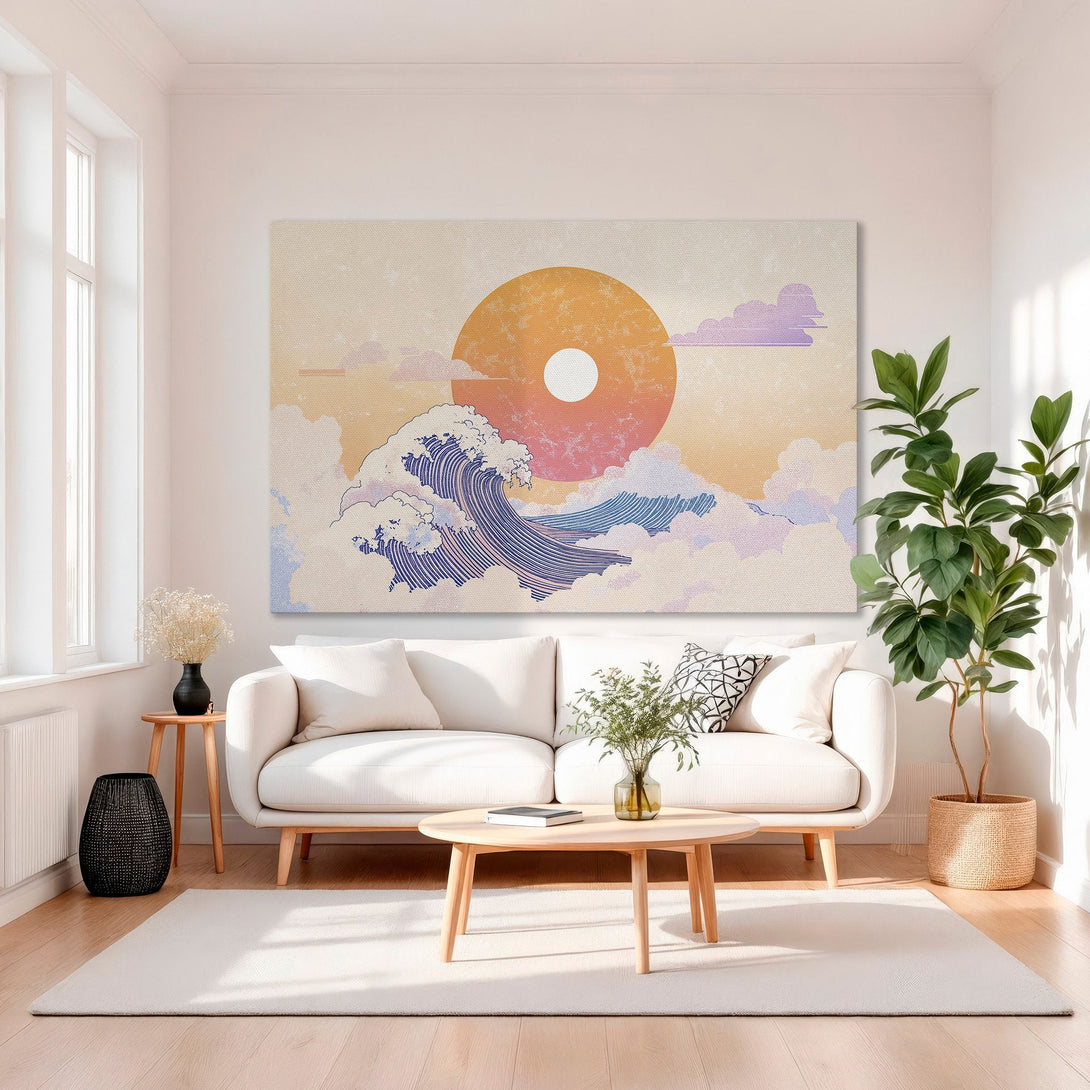 Framed Wall Art: Japanese wave art in warm sunset colors. Perfect for living room decor. Adds a touch of zen & style to any space.