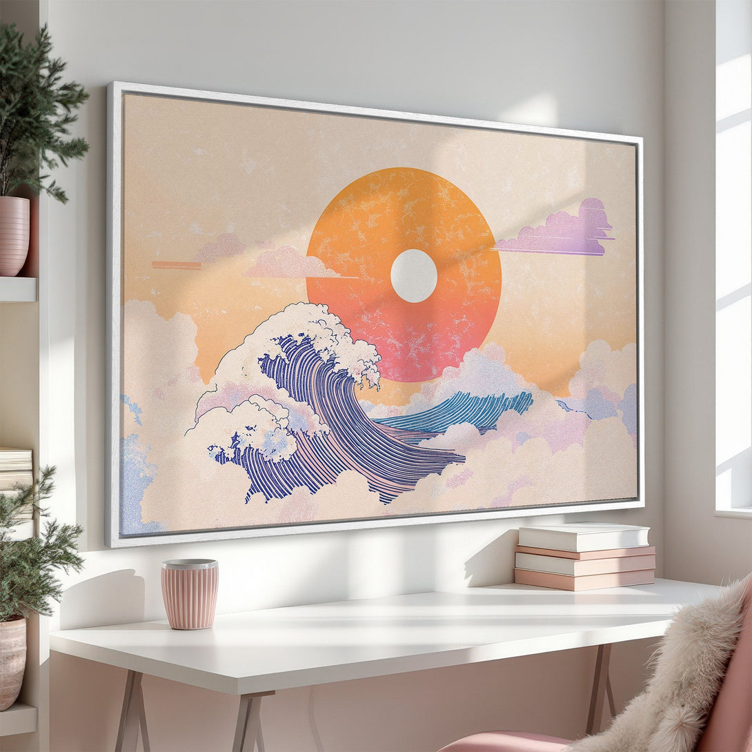 Framed Wall Art: Japanese wave art in a pastel color palette. Perfect for adding a touch of zen to any space. Shop now!