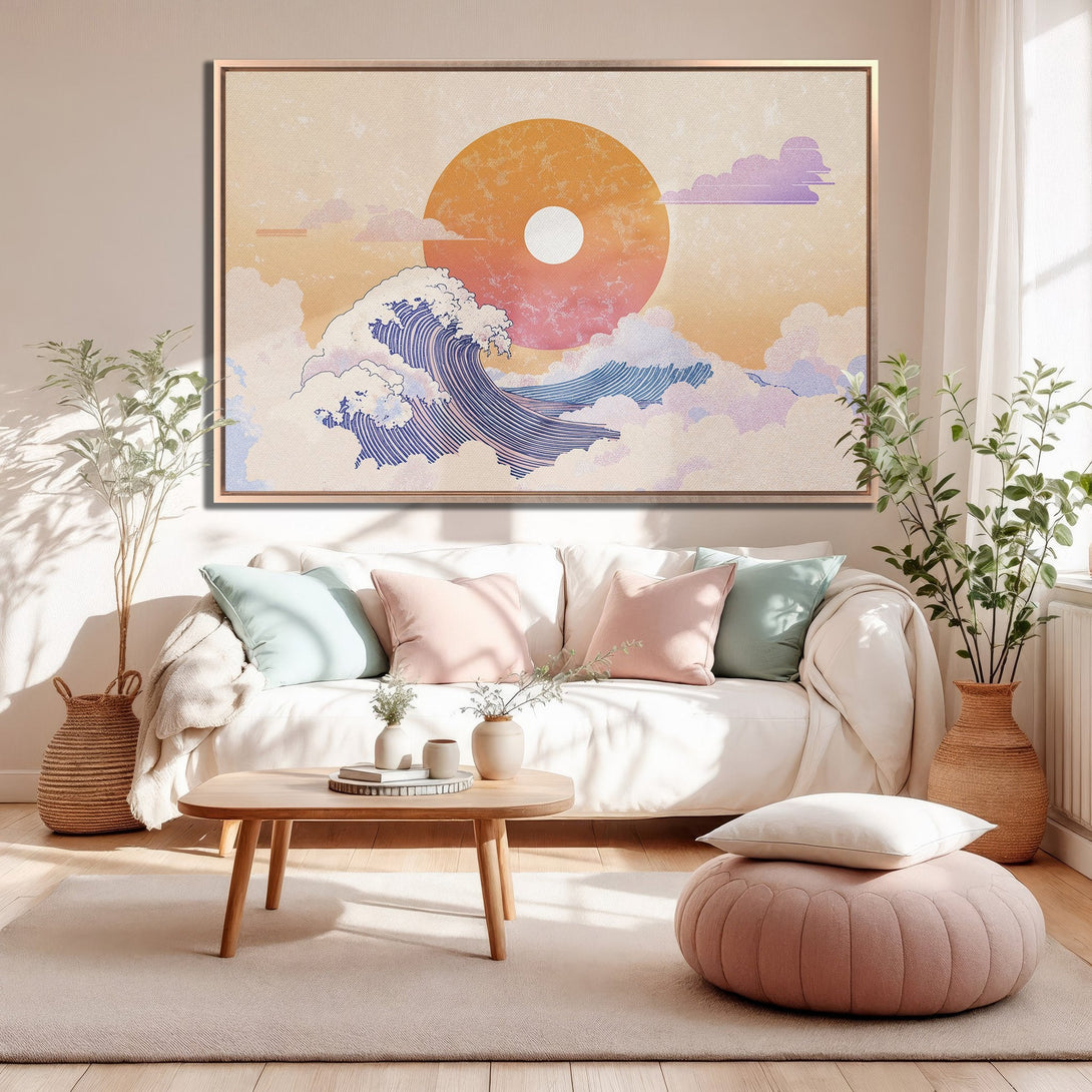 Framed Wall Art: Japanese wave art in warm sunset colors. Perfect for living room decor. Add a touch of zen to your space with this beautiful canvas print.