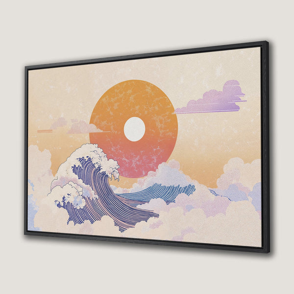 Framed Wall Art featuring a stylized wave and sun in a Japanese art style. Warm, pastel color palette of orange, blue, and purple. Perfect for any space!