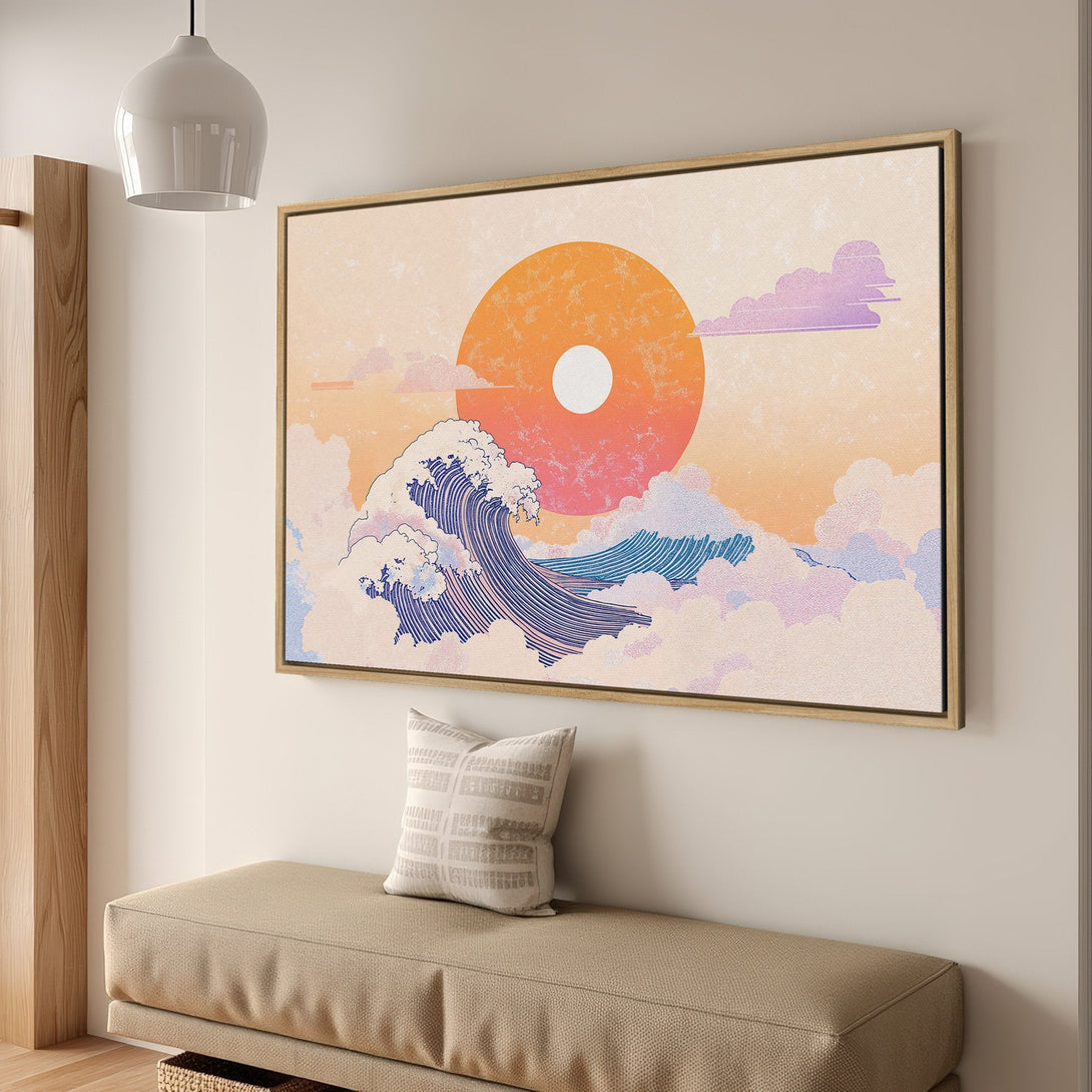 Framed Wall Art featuring a serene ocean wave design in a Japanese Ukiyo-e style. Warm, pastel color palette of orange, blue, and pink. Perfect for home decor!