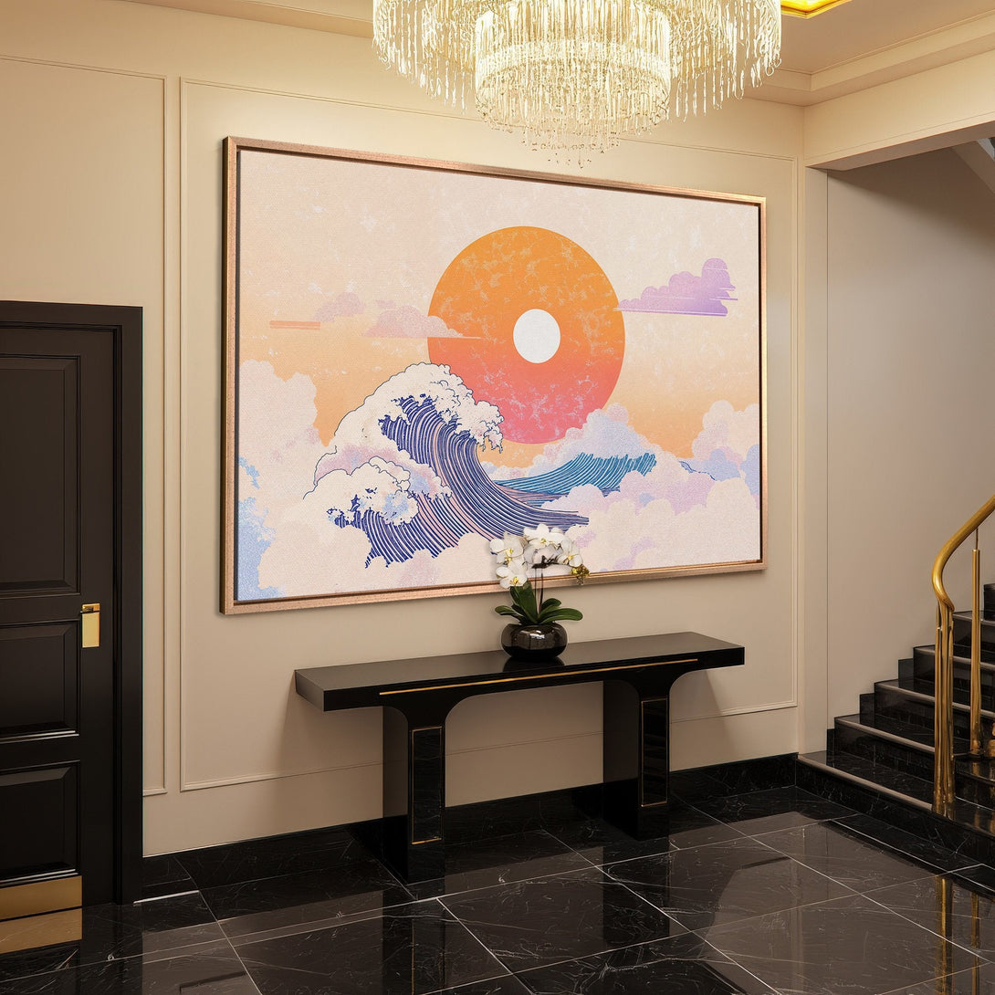Framed Wall Art: Japanese wave design in warm sunset tones. Modern art for a stylish interior. Canvas print adds a touch of zen.