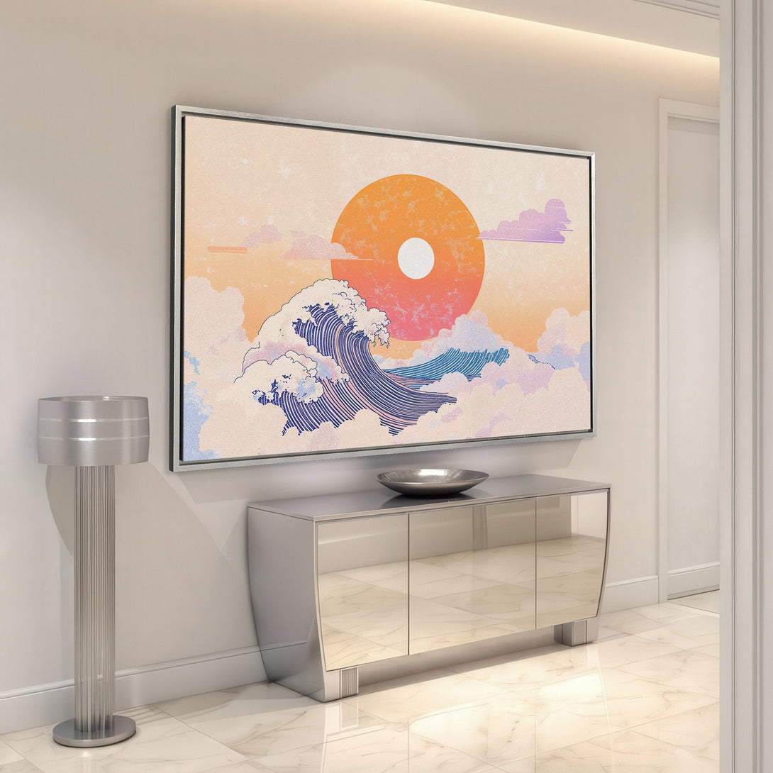 Framed Wall Art featuring a Japanese wave design in a warm, pastel color palette. Perfect for adding a touch of zen to your home decor.