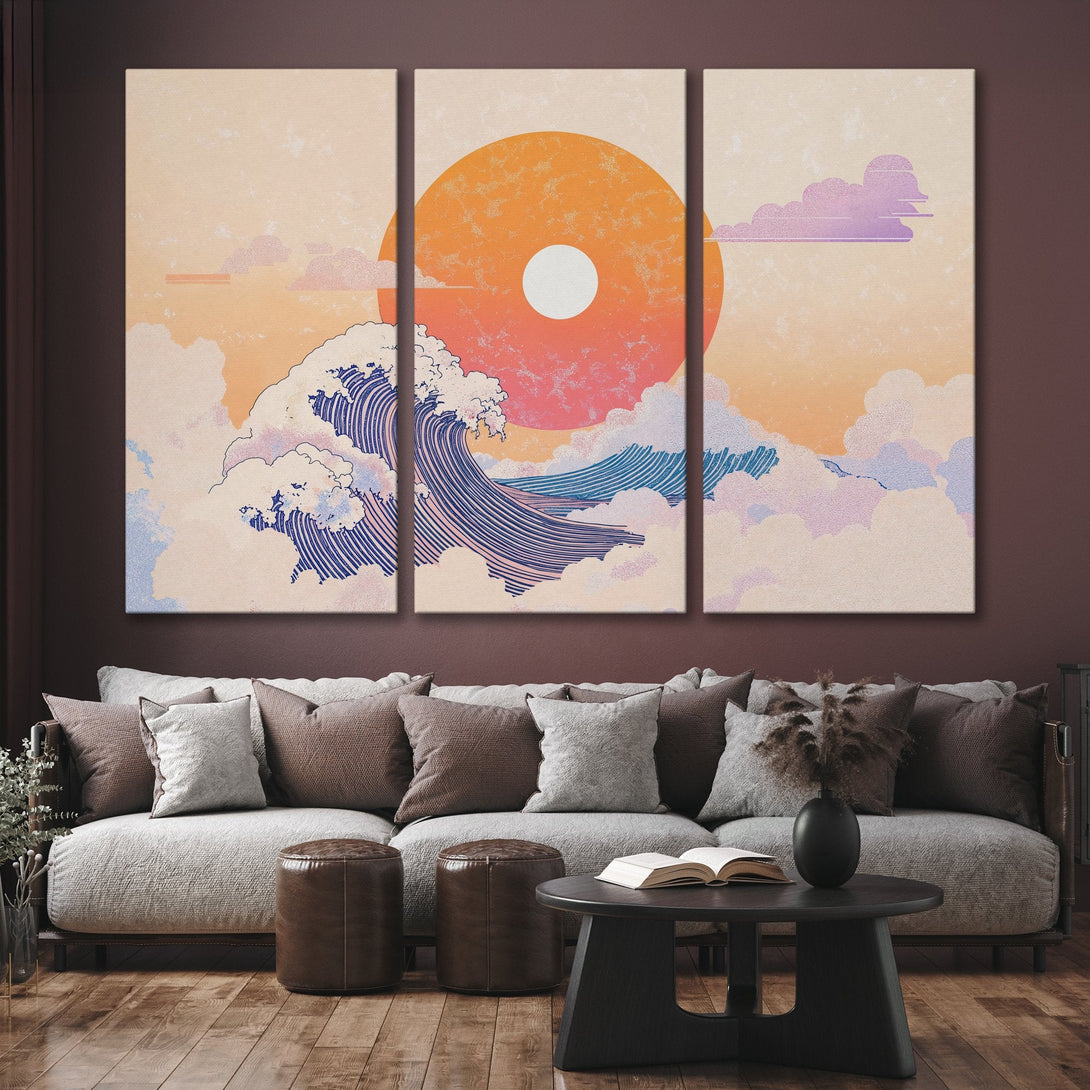 Canvas Print of a Japanese wave art piece in a warm, neutral color palette. Perfect for adding a touch of zen to your home decor.
