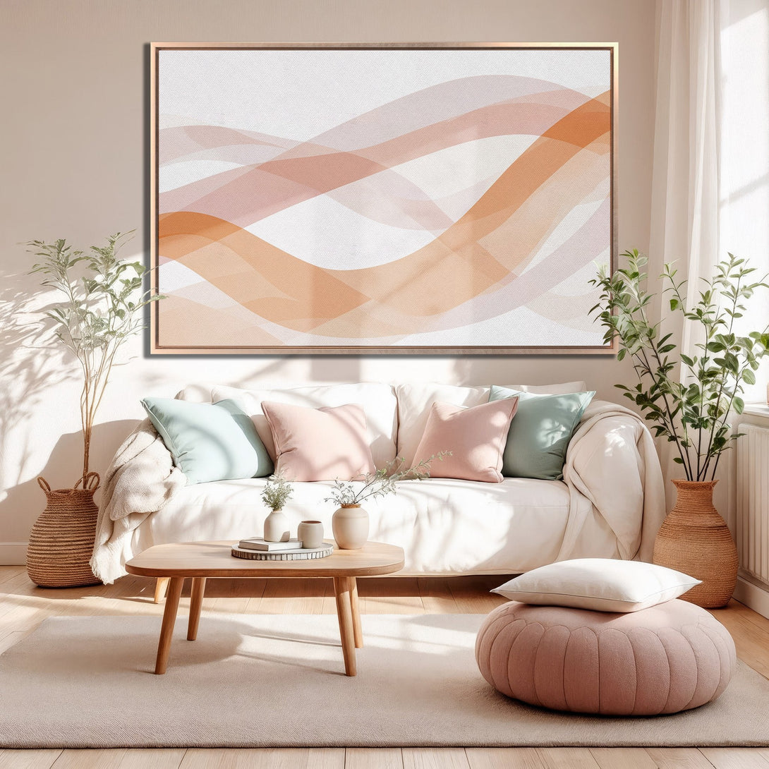 Framed Wall Art: Abstract wave design in warm peach and neutral tones. Modern Canvas Print adds a touch of elegance to any living room.