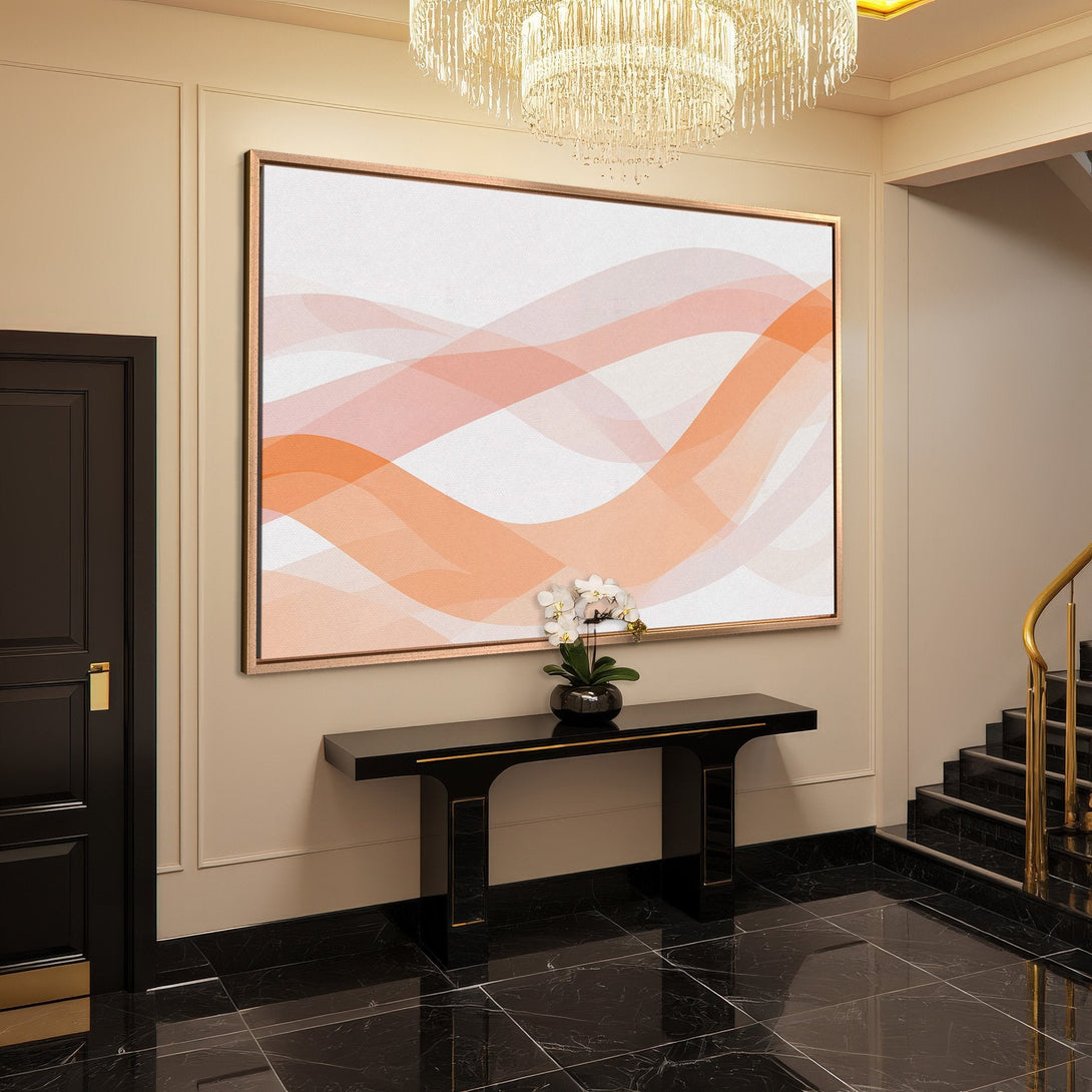 Framed Wall Art featuring abstract orange and white waves. Modern art perfect for any interior. Enhance your decor with this stylish canvas print.