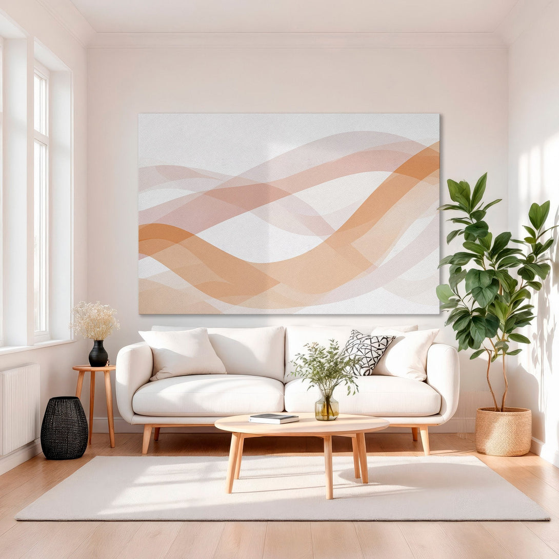 Framed Wall Art featuring abstract orange and pink waves, perfect for modern decor. Adds a touch of elegance and warmth to any room.
