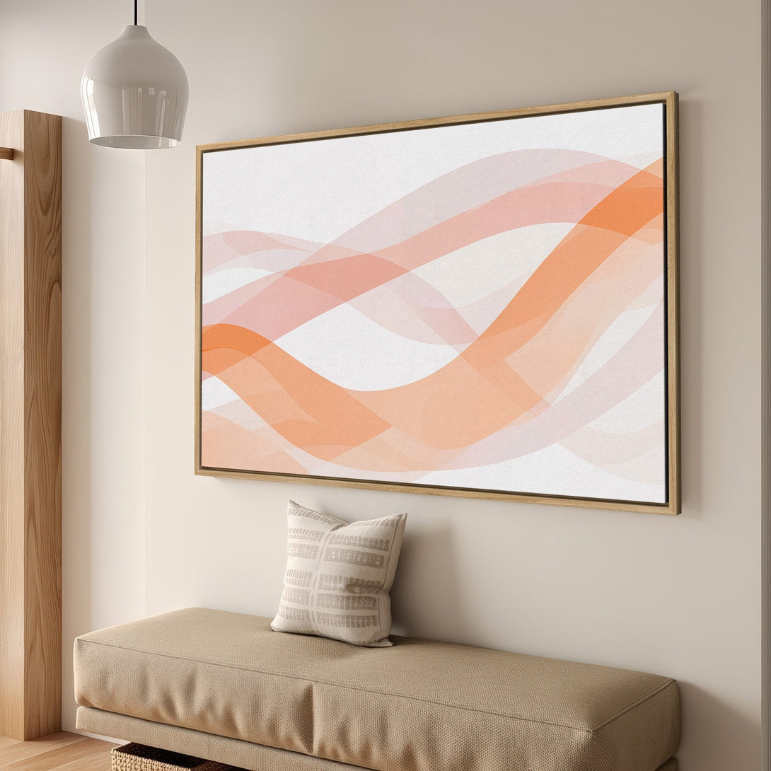 Framed Wall Art featuring abstract orange and peach waves. Modern art Canvas Print with a warm, neutral color palette. Perfect for home decor.