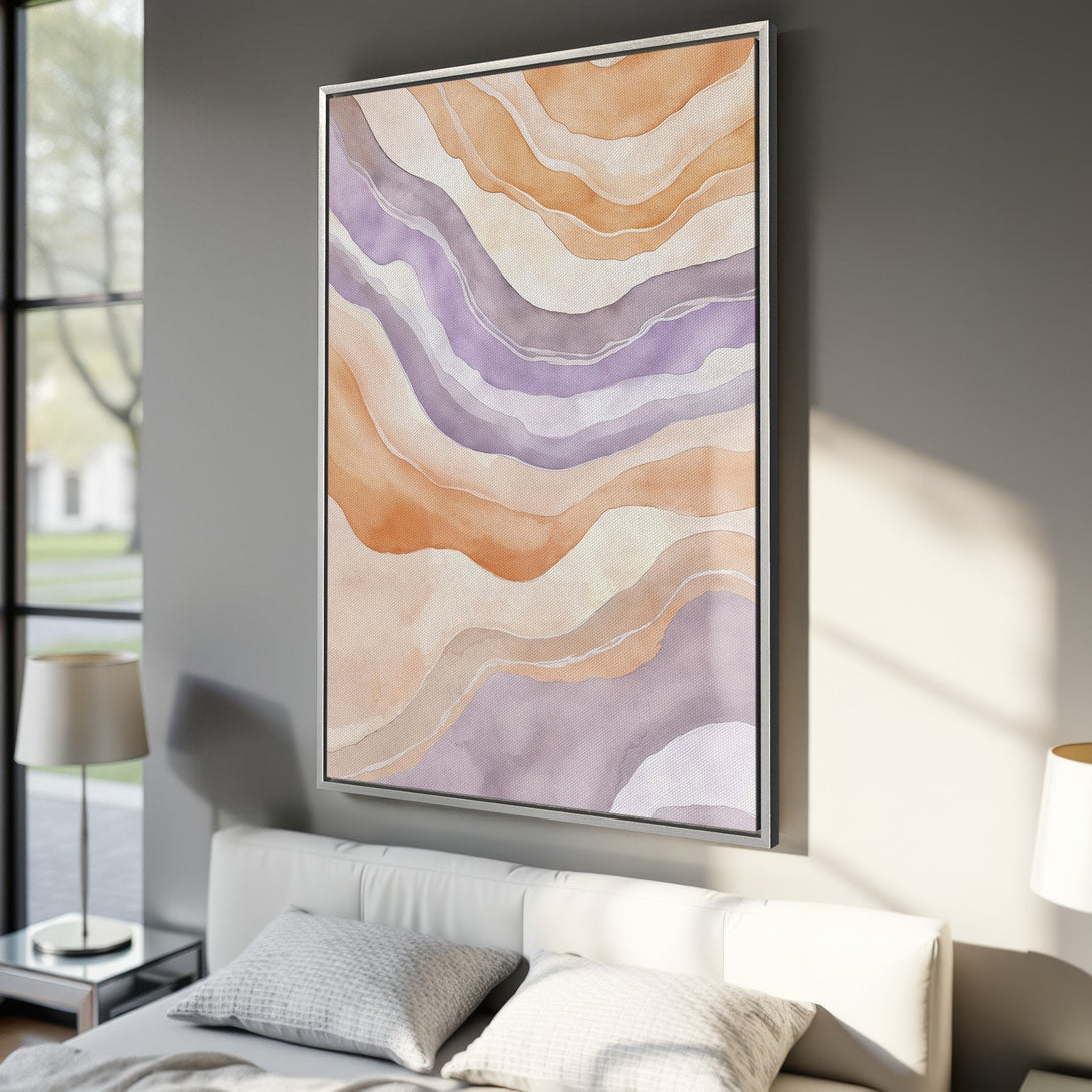 Framed Wall Art: Abstract watercolor canvas print in warm orange, lavender, and cream tones. Modern art for bedroom decor.