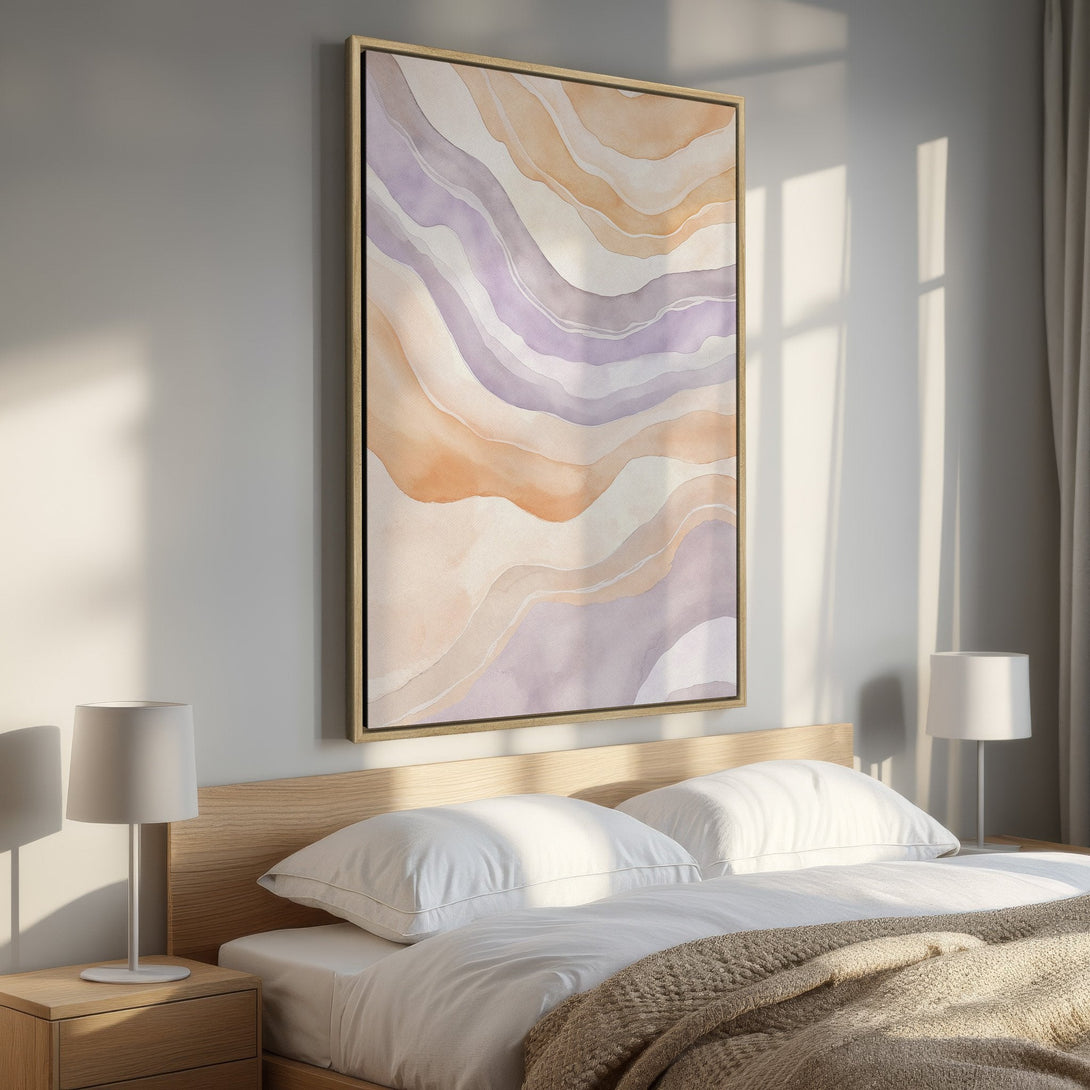 Framed Wall Art: Abstract watercolor print in soft lavender and peach tones. Modern art for bedroom decor. Enhance your space with this calming canvas print.