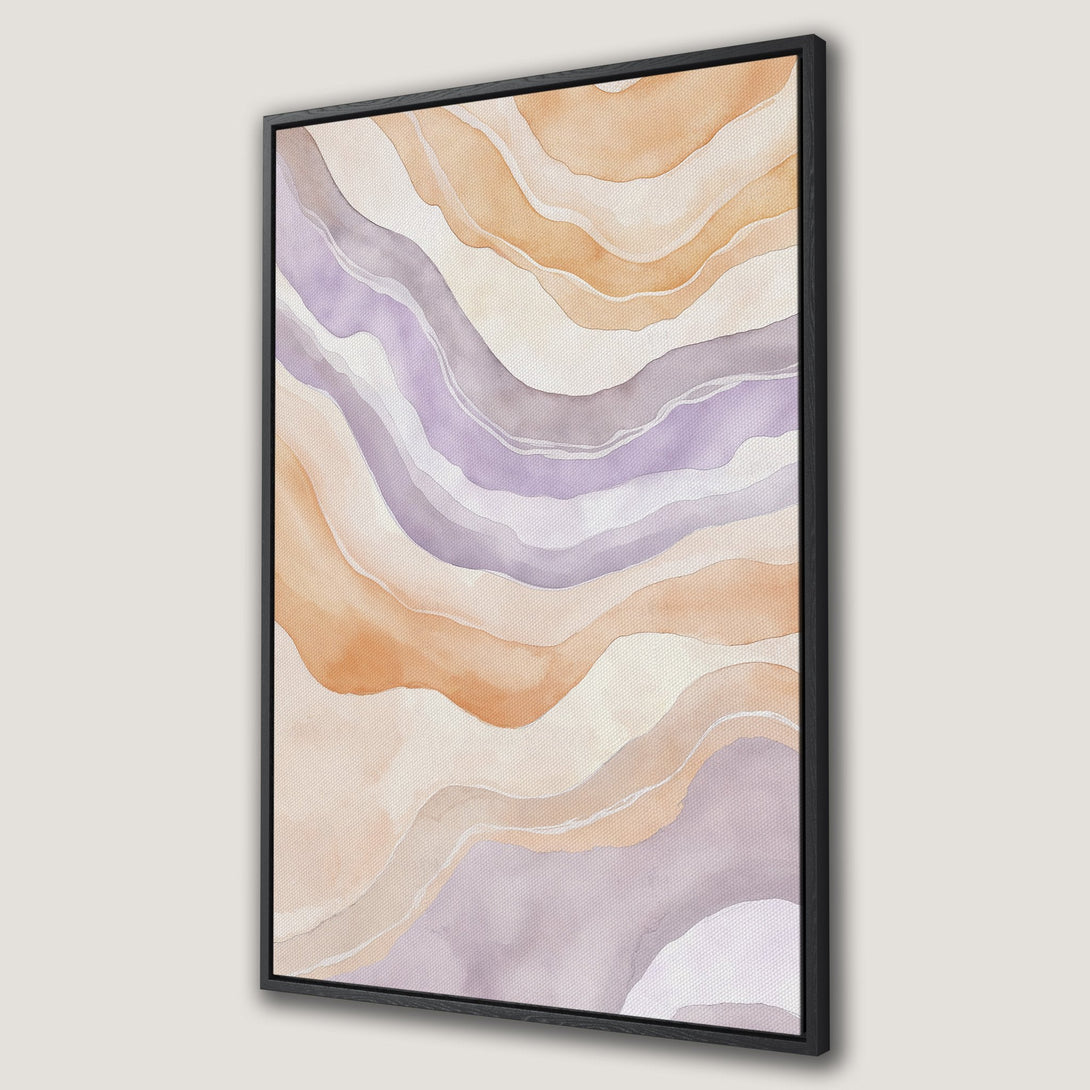 Framed Wall Art: Abstract watercolor canvas print with flowing lines in warm peach, lavender, and neutral tones. Modern art for any space.