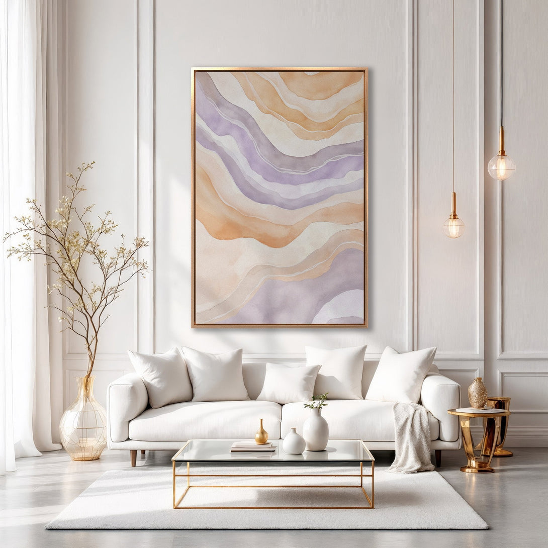 Framed Wall Art: Abstract watercolor waves in soft purple and peach tones. Modern living room decor with a calming aesthetic. Shop now for art!