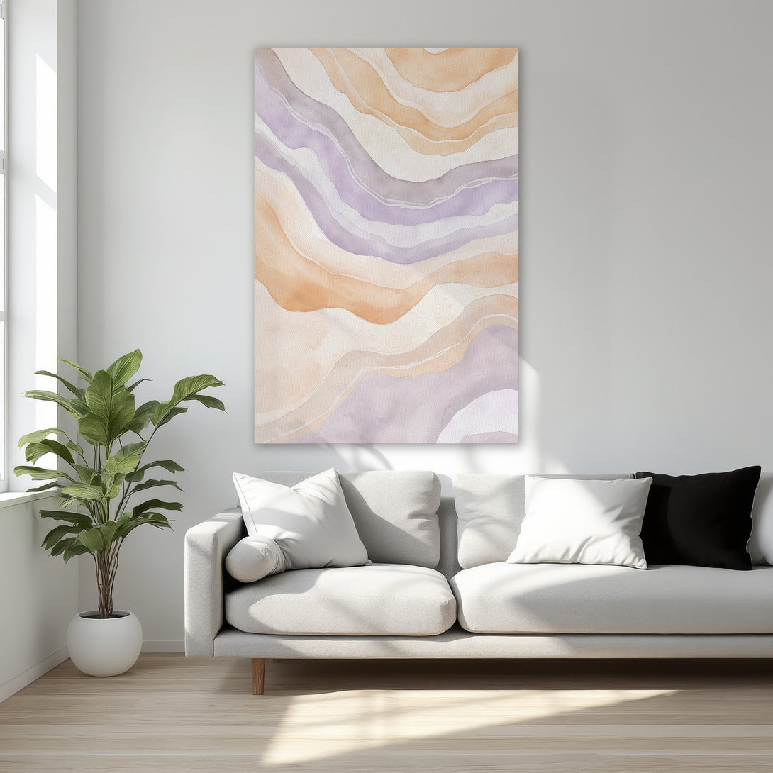 Framed Wall Art featuring abstract watercolor waves in soft peach and lavender hues. Perfect for adding a touch of elegance to your bedroom decor.