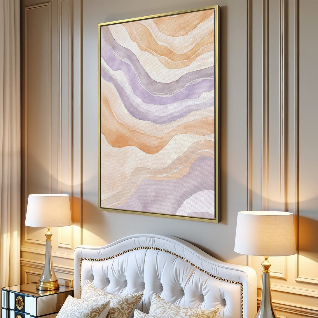 Canvas Print of abstract watercolor art in soft peach and lavender tones, perfect for modern home decor.