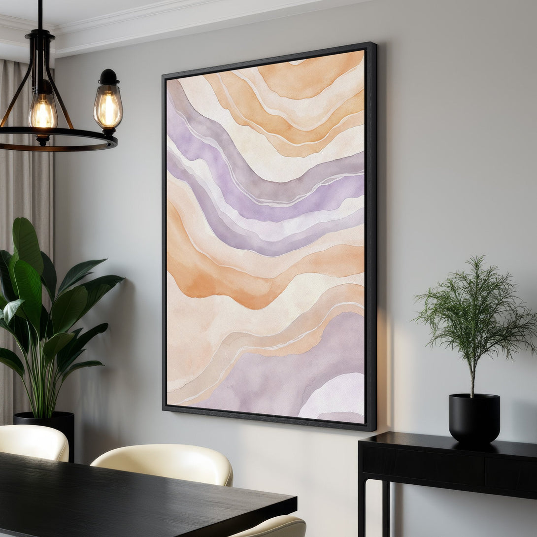Framed Wall Art featuring an abstract watercolor design in warm peach and lavender tones. Modern art perfect for living room or bedroom decor.