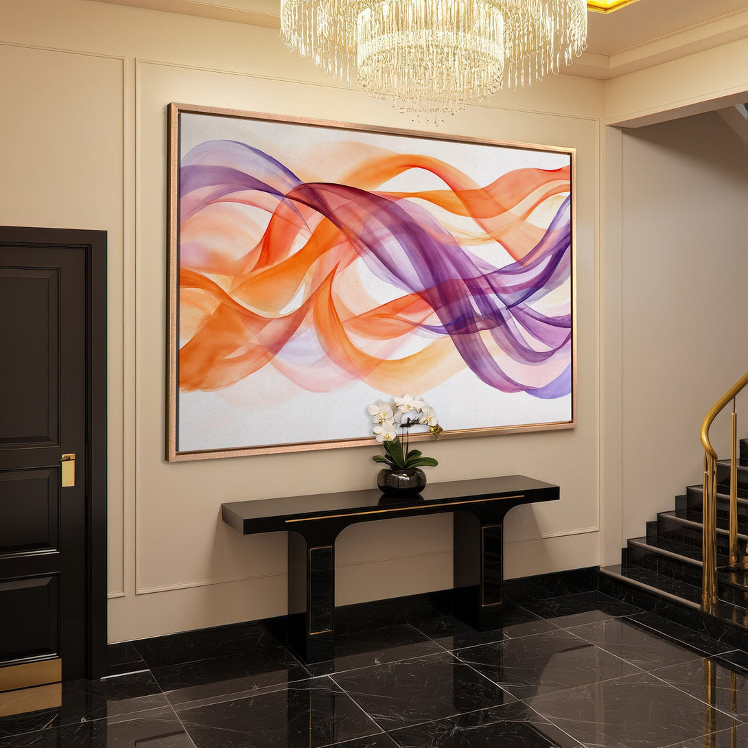 Framed Wall Art: Abstract watercolor canvas print in orange & purple hues. Modern art for entryway decor. Enhance your home with this stunning piece.