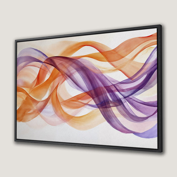 Framed Wall Art featuring flowing abstract art in warm orange, purple, and white hues. Modern canvas print perfect for adding a pop of color to any space.