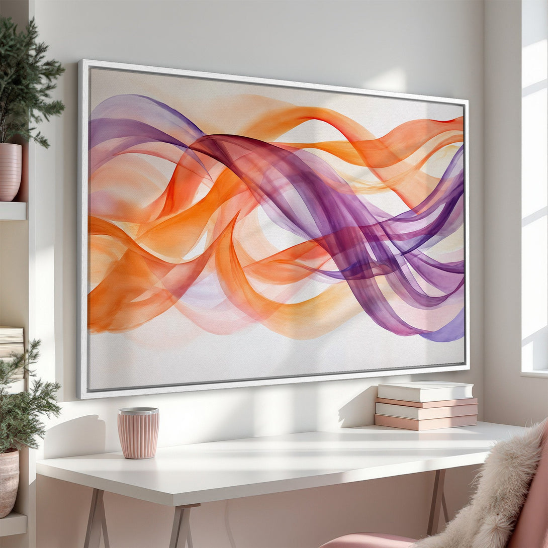 Framed Wall Art featuring abstract watercolor ribbons in orange and purple hues. Modern art for your home decor.