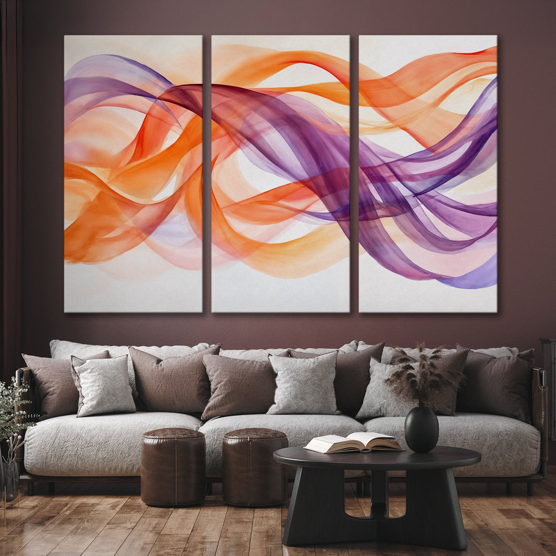 Abstract Canvas Print triptych in orange and purple hues. Modern art for your living room. Enhance your decor with this vibrant artwork.