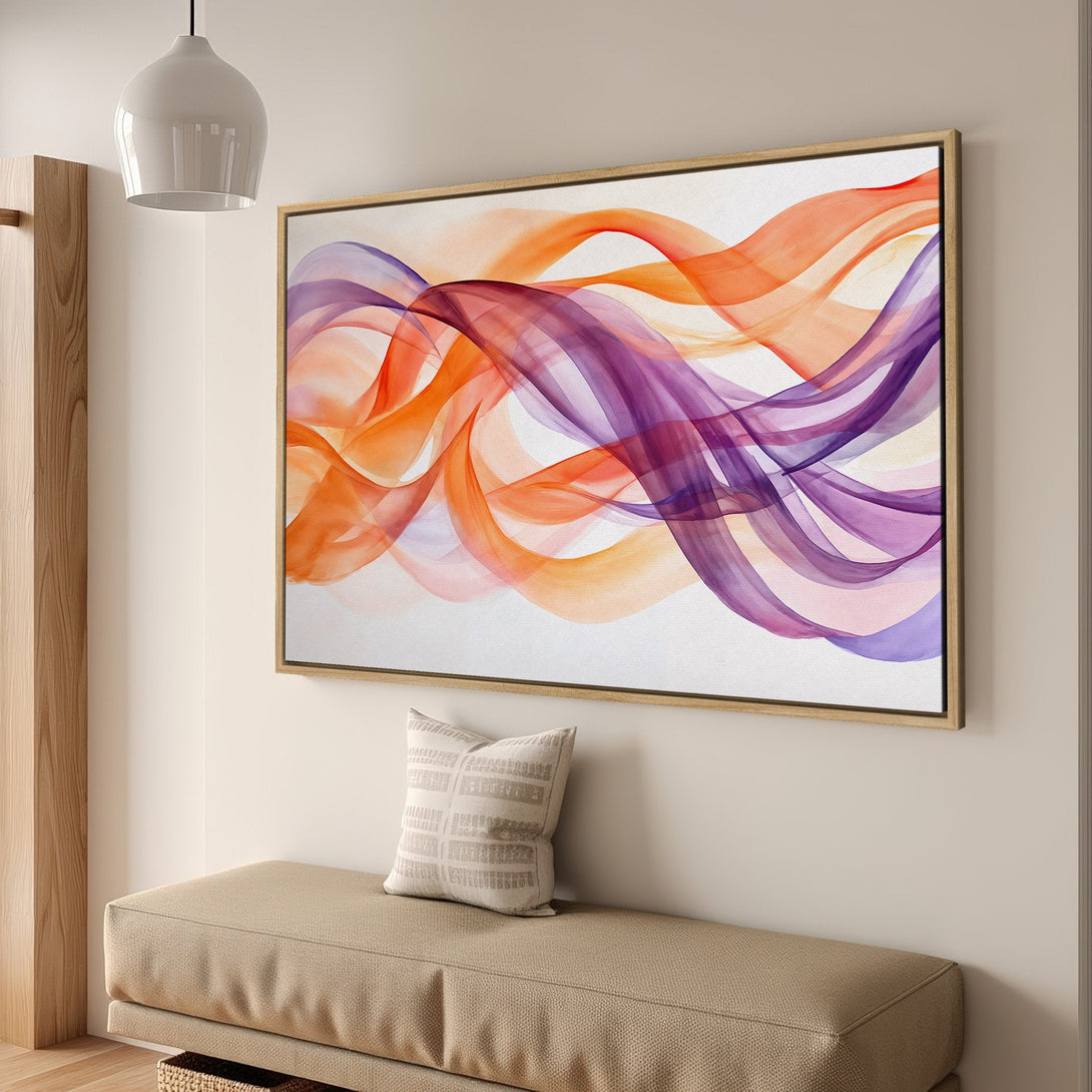Framed Wall Art featuring abstract watercolor waves in orange and purple hues. Modern art perfect for living room decor.